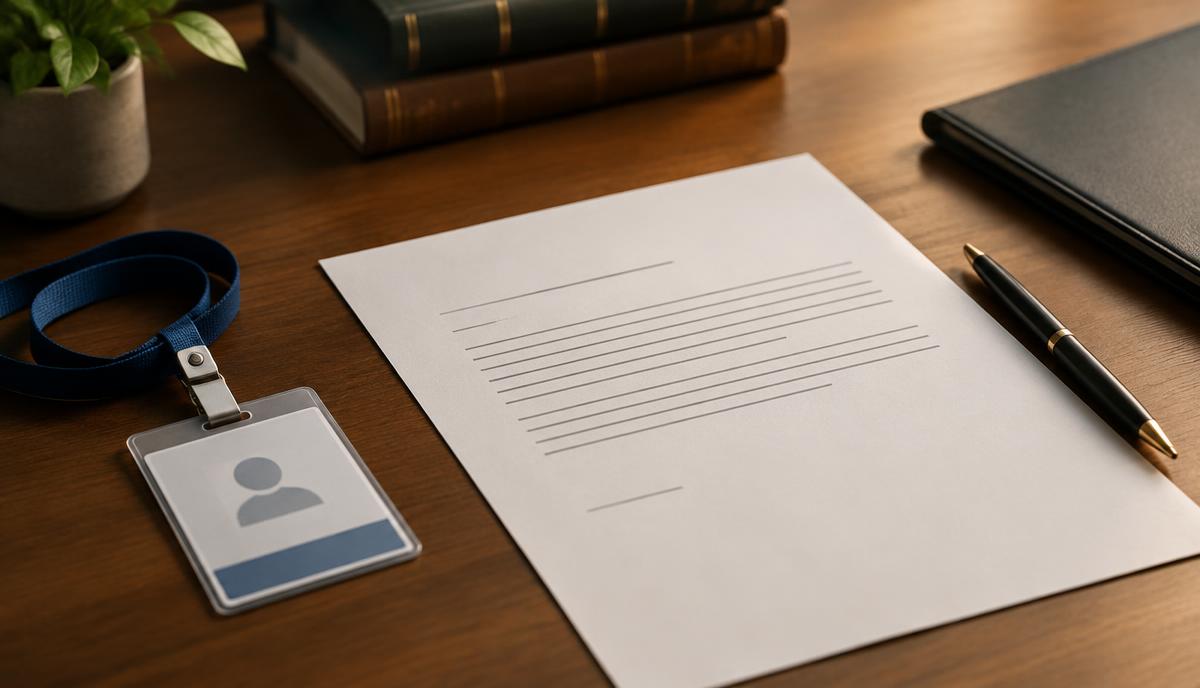 Lettera di licenziamento e badge aziendale su una scrivania in legno