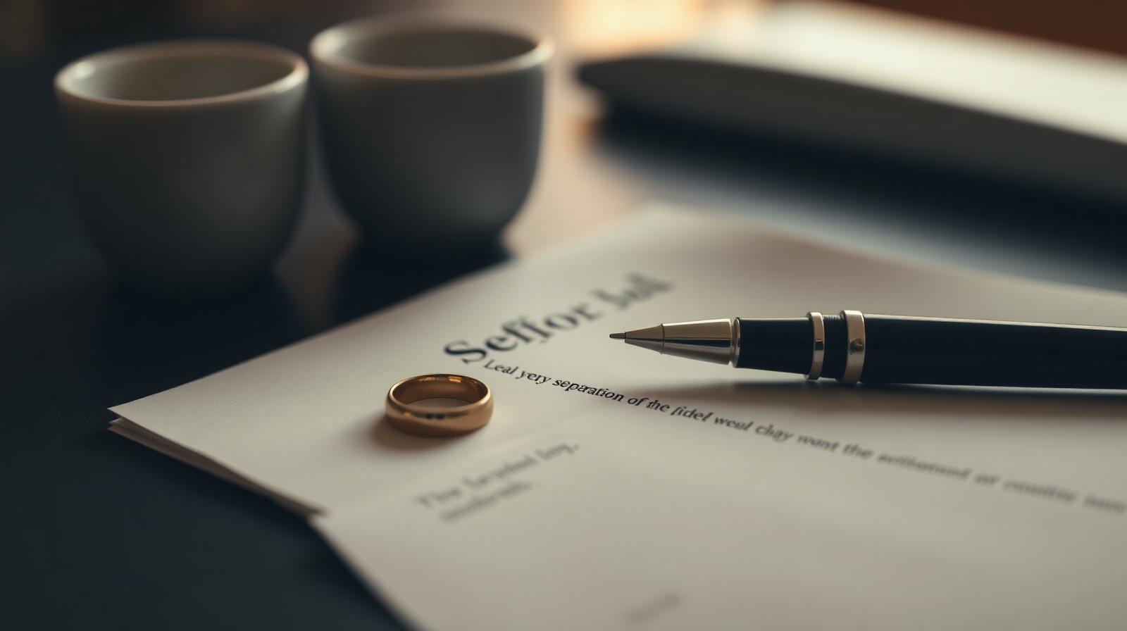 Fede nuziale appoggiata su un documento di separazione legale