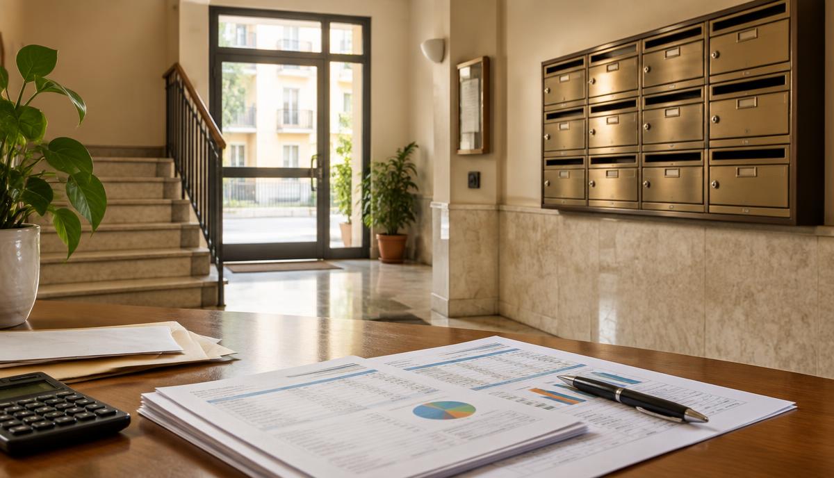 Ingresso di un condominio con cassette postali e documenti di spese condominiali su un tavolo